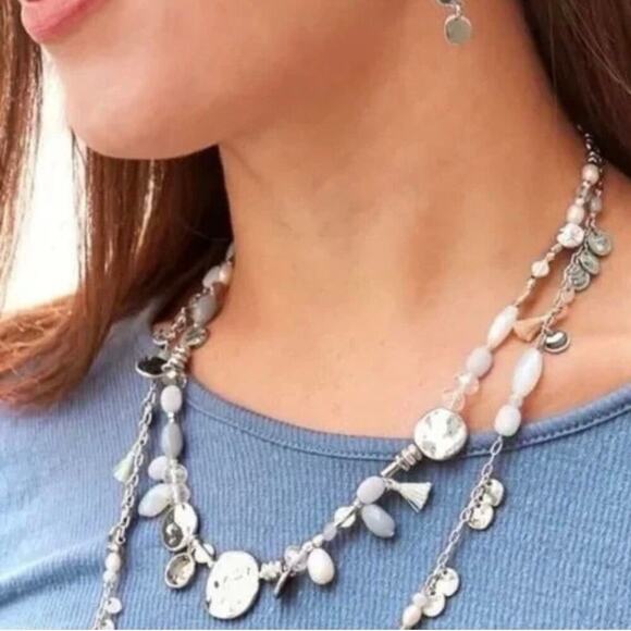 Stella & Dot Silver Baubles Freshwater Pearls Fringe Agate Long Necklace 36”‎ - Picture 2 of 10